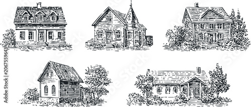 vintage engraved houses set rustic countryside cottages with trees and detailed architecture