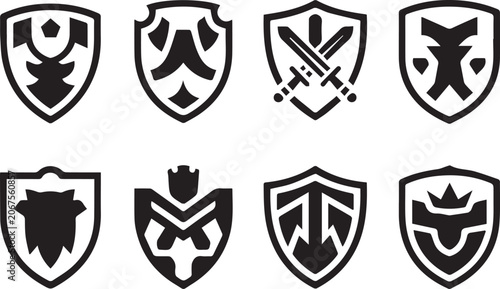 Cuadro en lienzo Collection of eight unique shield crest icons with various patterns, heraldry