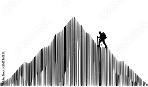 Photos Silhouette of Hiker Ascending Barcode Mountain Black and White Conceptual Vector