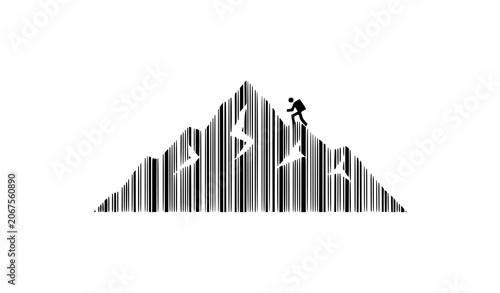 Billede på lærred Mountain and Hiker Silhouette Made of Barcode Lines Modern Conceptual Vector Ill