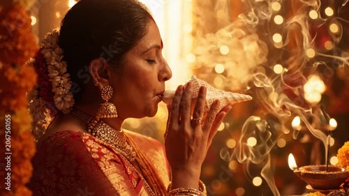 Indian woman blowing a conch shell during akshaya tritiya ritual with warm bokeh lights and incense smoke.