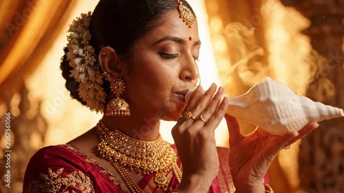 Indian woman blowing a conch shell in a warm golden temple during akshaya tritiya spiritual celebration.