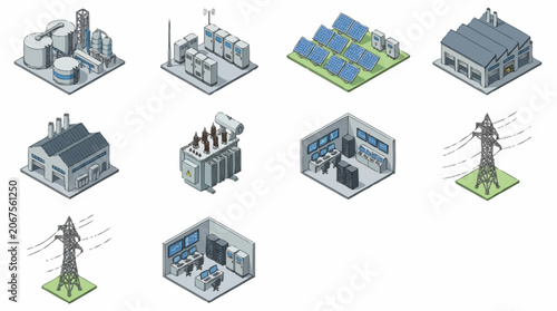 Isometric industrial buildings and power infrastructure set.