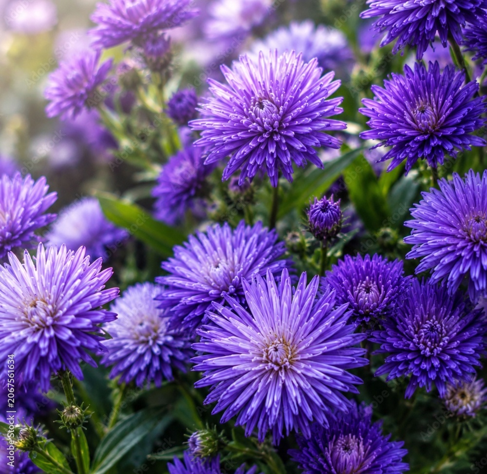 Fototapeta premium Vibrant Purple Aster Flowers in Full Bloom with Soft Morning Sunlight and Bokeh Background Close Up