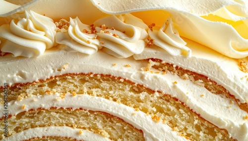 Close-up of white frosted cake slice with piped swirls and crumbs