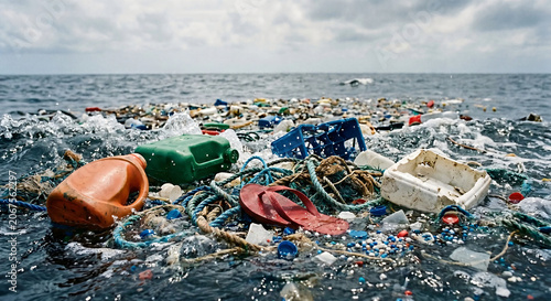 Plastic waste and garbage pollution floating on the ocean water surface.