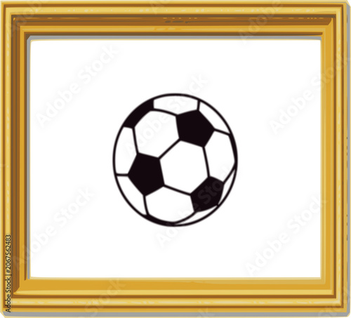 A clean, black and white classic football or soccer ball illustration set against a white background, beautifully enclosed within a traditional golden picture frame. Perfect for sports awards, soccer 