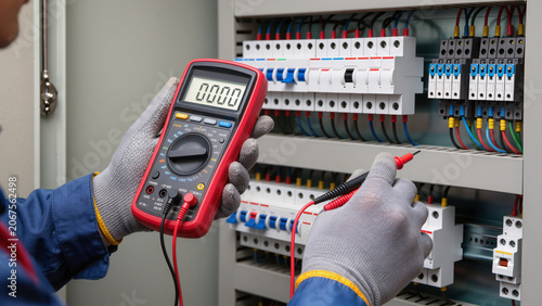 Quadro su tela Electrician testing electrical panel with multimeter