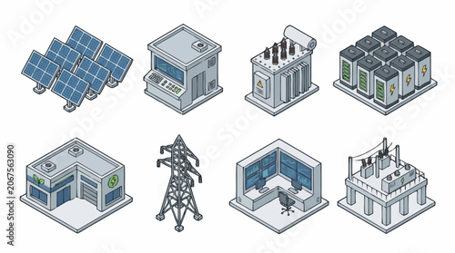 Isometric illustration of industrial and technological buildings and structures.