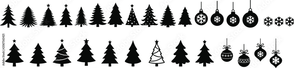 Obraz premium Black christmas tree and ornament silhouette icons. A set of black Christmas tree, snow and ornament icon vector illustration. Christmas tree, snow and ornament silhouettes.