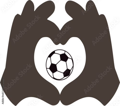 A creative sports concept logo featuring two human hands or gloves forming a heart shape, framing a classic black and white soccer ball in the center negative space. Ideal for football fans, community