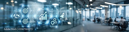 Modern office environment with digital analytics icons and graphs representing business growth and technology innovations in a collaborative workspace