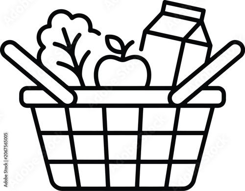 Grocery shopping basket icon with fresh produce and milk for website or app design