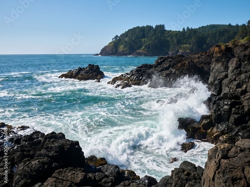 Rocky coastline with crashing ocean waves and clear skies.