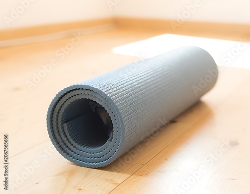 Roll of gray yoga mat on wooden floor.