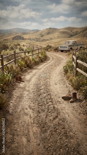 Rustic dirt road leading through scenic countryside landscape.