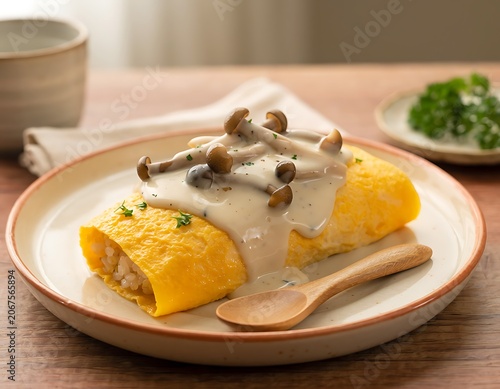 Savory Omelette with Mushroom Sauce on Plate.