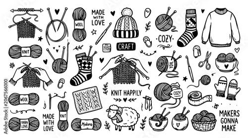 Knitting and crochet hand drawn doodle set