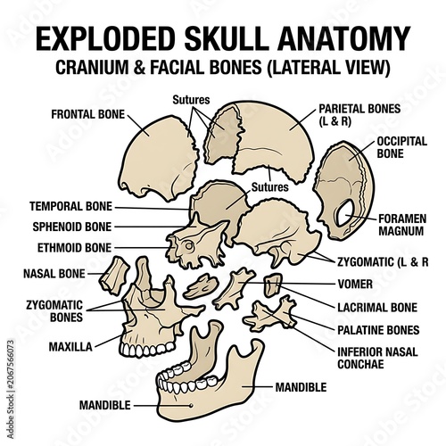 Exploded anatomical diagram of human skull bones lateral view.
