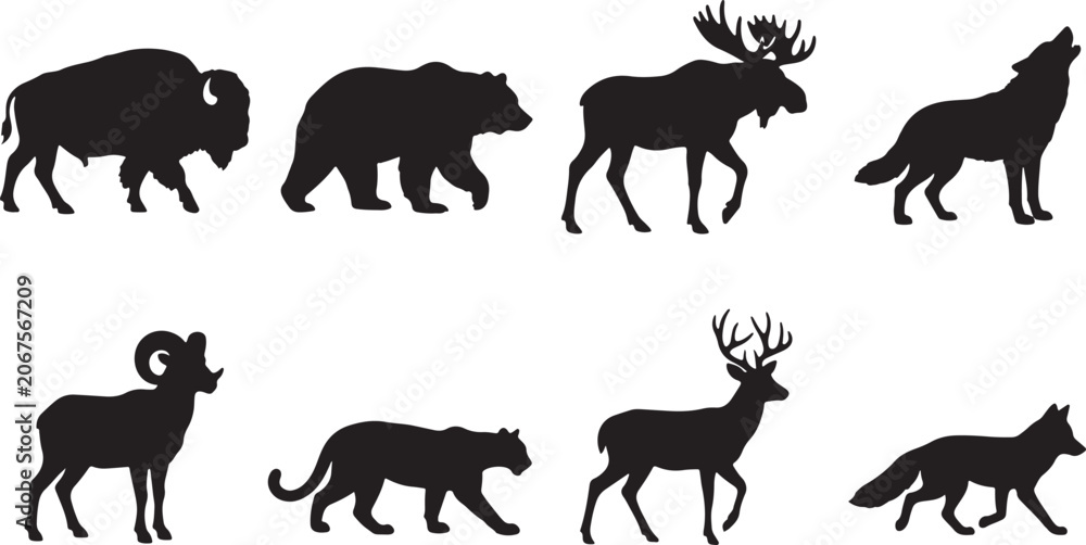 Obraz premium Wildlife Silhouettes Collection: A striking collection of animal silhouettes featuring a bison, bear, moose, wolf, ram, big cat, deer, and fox, showcasing the diversity of wildlife.