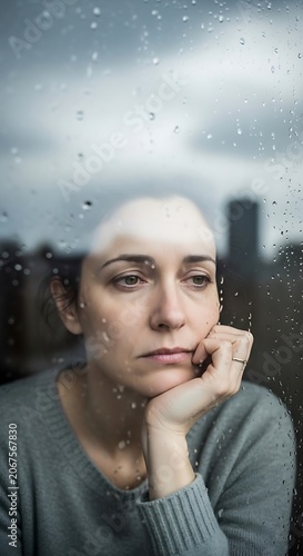 Woman in grey sweater looking thoughtful outdoors.