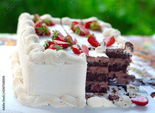Cut chocolate cake topped with buttercream and strawberry chunks on a table in nature