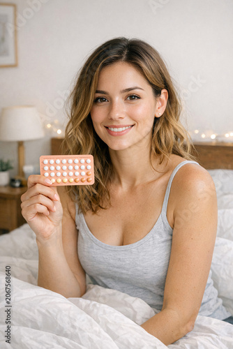 A young woman smiling and holding a pill close to the camera