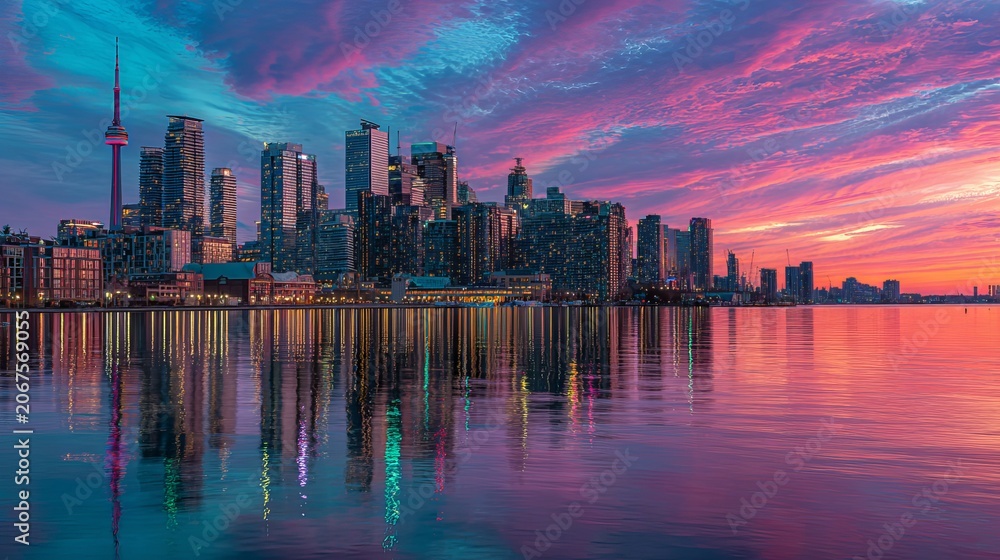 Obraz premium Stunning toronto skyline featuring the iconic cn tower reflected in calm water during a vibrant purple and orange sunset sky