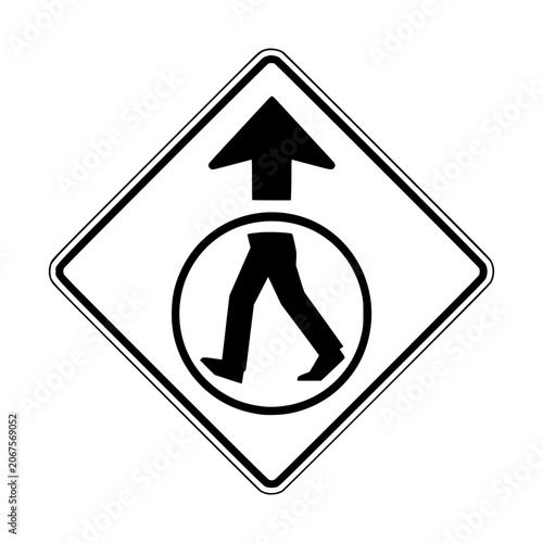 Pedestrian Crossing Sign: A clear and concise symbol of a pedestrian in motion, indicating a designated crossing point, enclosed within a circle, set against a diamond-shaped warning sign.