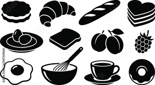 Foto Set of breakfast food icons including bakery, eggs, fruit, and coffee cup