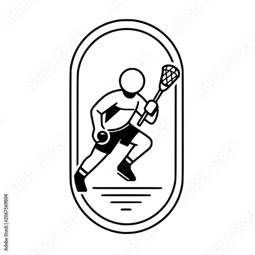 Lacrosse Player Icon: A stylized line art illustration of a lacrosse player in motion, holding a stick and ball within an oval frame, symbolizing athletic pursuit.