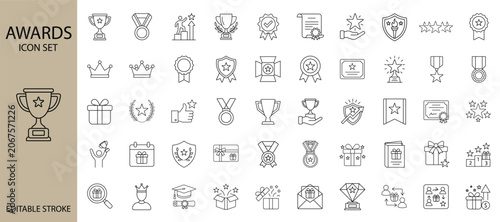 Awards Editable Stroke Icon Set. Trophy, Medal, Badge, Certificate, Achievement, Winner, Reward and Recognition Thin Line Vector Icons
