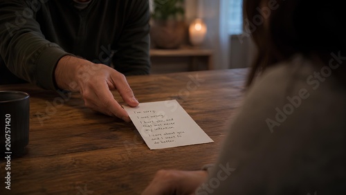 Apology note being slid across table, vulnerability moment