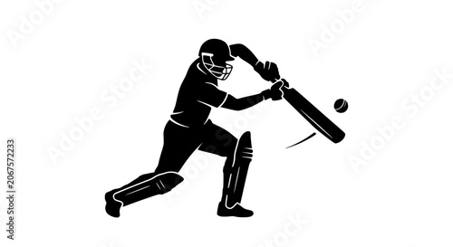 Cricket player silhouette vector illustration showing a professional athlete hitting a ball with a wooden bat in a dynamic pose