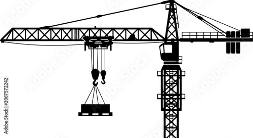 Construction crane silhouette vector illustration showing heavy lifting equipment for building sites isolated on a plain white background design element