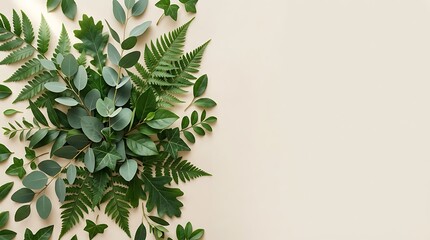 Fresh green leaves and fern arrangement on beige background