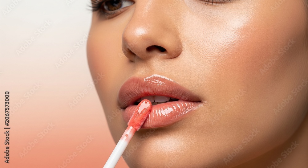 Naklejka premium Close-up of a young woman's lips being covered with a glossy pink lip gloss using an applicator tool, emphasizing shiny and smooth skin.