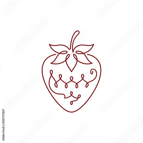 Minimalist continuous line art illustration of a ripe strawberry, perfect for health and wellness branding, food packaging, or sweet dessert iconography