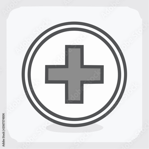 Bold grey plus symbol inside a thin circle.
