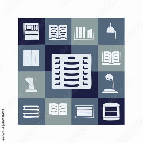 Book storage and office organization furniture icon grid.