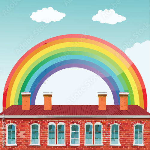 Brick building facade under colorful rainbow and clouds.