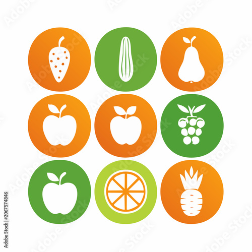 Bright circular fruit and berry vector icon collection.