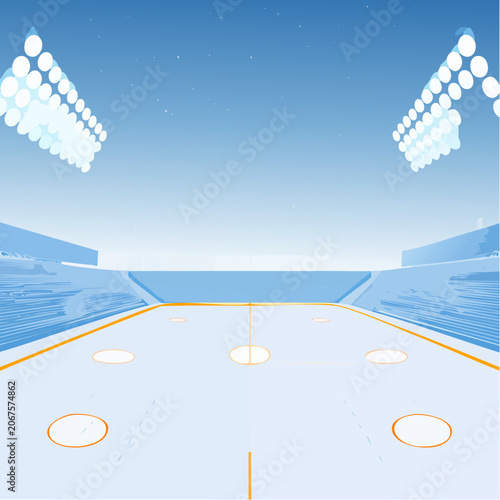 Bright daytime view of empty ice hockey stadium.