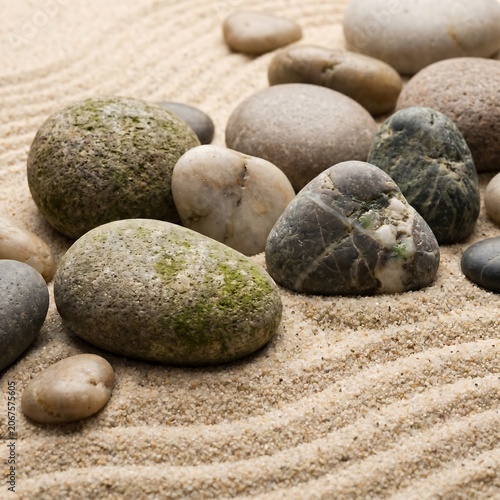 Smooth stones arranged on sandy surface.