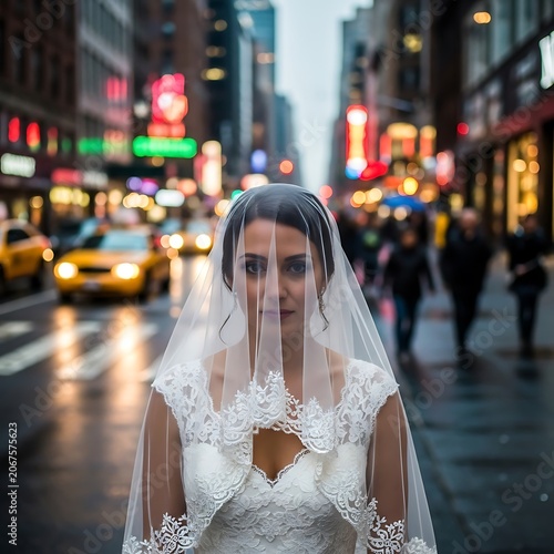 Woman in ornate dress walking rainy city street.