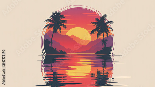 Tropical sunset landscape in circular frame with silhouette palm trees tropical landscape silhouette mountain reflection paradise vacation tranquil
