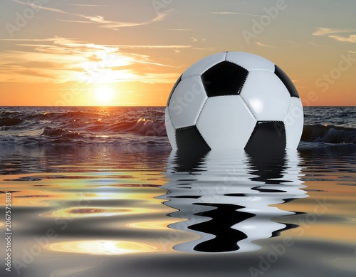 Soccer ball on water at sunset beach scene.