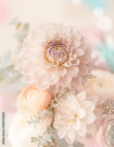 Soft Pastel Floral Arrangement with Gold Ring.