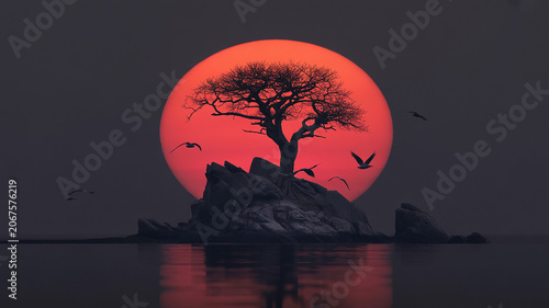 Solitary tree on rocky island silhouette against large red full moon with silhouette landscape peaceful reflection twilight solitude environment majestic
