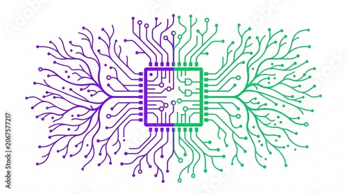 Minimalist line art vector illustration of a central microchip morphing into organic tree branches, representing organic computing and bio-mechatronics